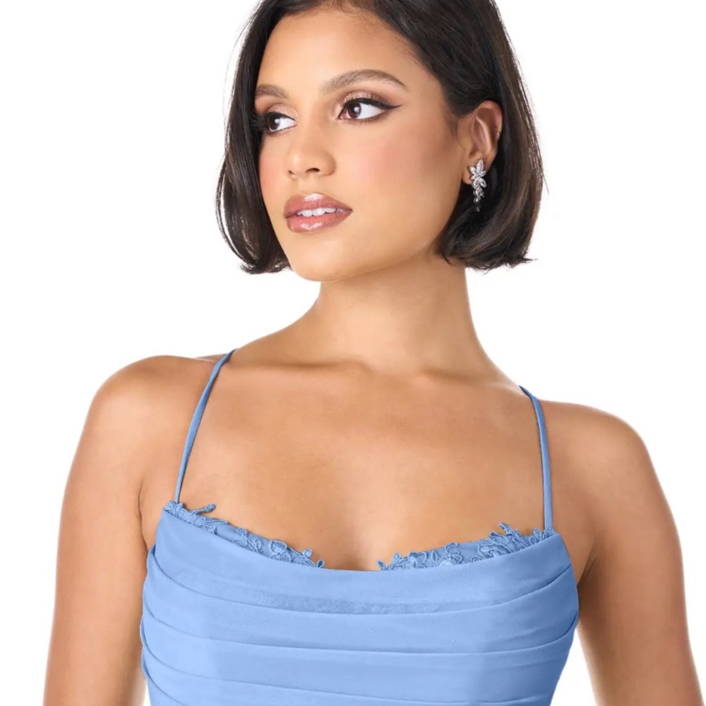 Azazie Steel Blue Asymmetrical Ruched Strapless Dress Petite